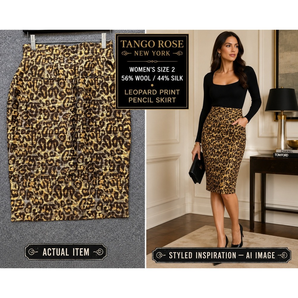 Tracy Reese New York Wool Silk Leopard Print Pencil Skirt Sz 2 Jacquard 90s/Y2K